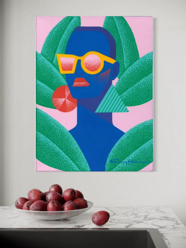 Aminata, original pop art painting by Samy Halim – a woman with a blue face and red heart sunglasses between green tropical leaves