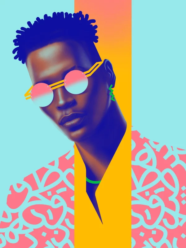 Bilal, limited edition pop art print by Samy Halim – a young Black man with striped sunglasses and a patterned shirt on a turquoise and coral background