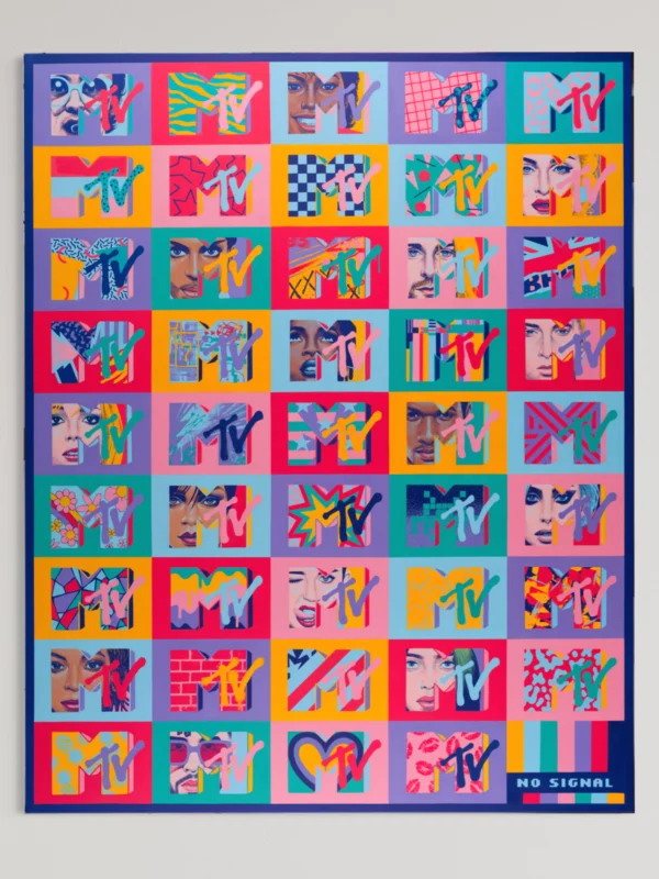 Calling Back Every Lost Frequency, original pop art painting by Samy Halim – a large mosaic of dozens of colorful MTV logo variations