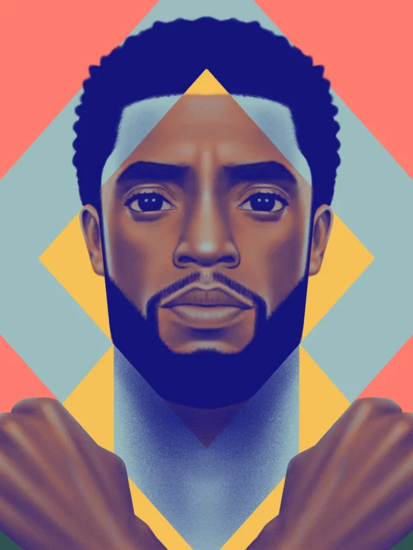 Chadwick Boseman, limited edition pop art print by Samy Halim – Chadwick Boseman with a beard on an orange and teal geometric background