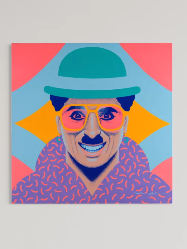 Charlie Chaplin, original pop art painting by Samy Halim – Charlie Chaplin with a teal bowler hat and pink sunglasses
