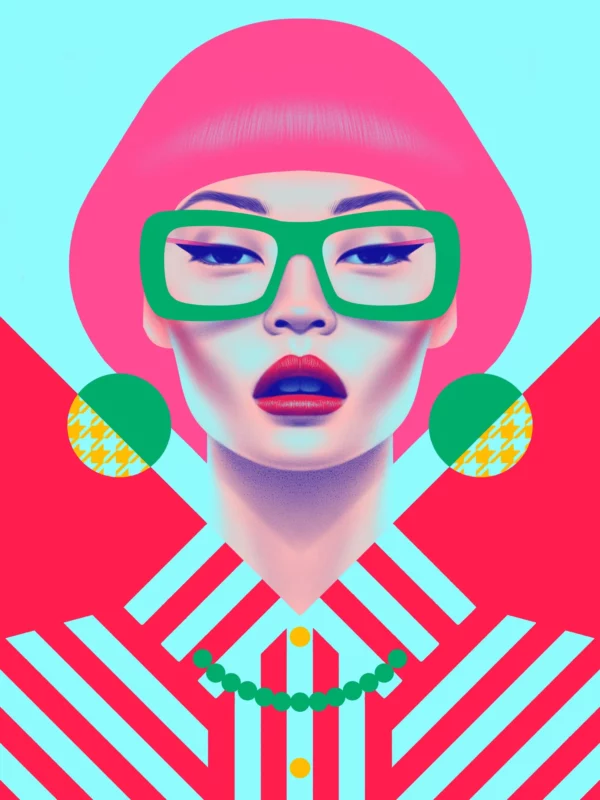 Chen, limited edition pop art print by Samy Halim – an Asian woman with a pink bob, green glasses and red-and-white striped outfit on a turquoise background