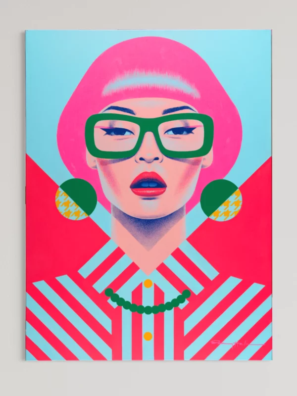 Chen, original pop art painting by Samy Halim – a woman with a pink bob and green glasses wearing a red and white striped top