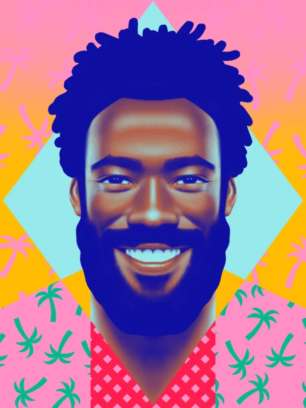 Childish Gambino, limited edition pop art print by Samy Halim – Donald Glover (Childish Gambino) smiling with a full beard and a palm-tree print shirt