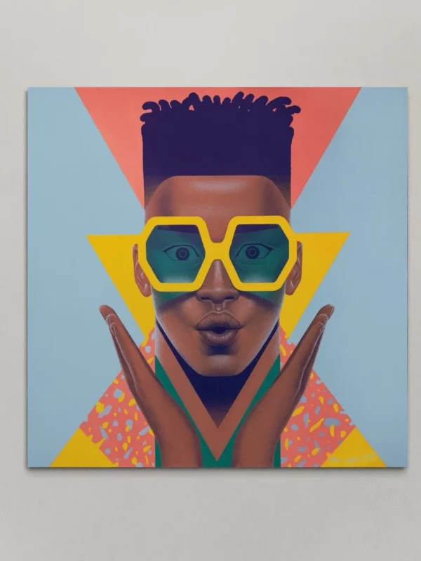 Colin, original pop art painting by Samy Halim – a young man with yellow sunglasses and hands framing his face