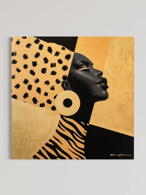 Dalila, original pop art painting by Samy Halim – a woman in profile in black and gold with polka-dot and zebra patterns