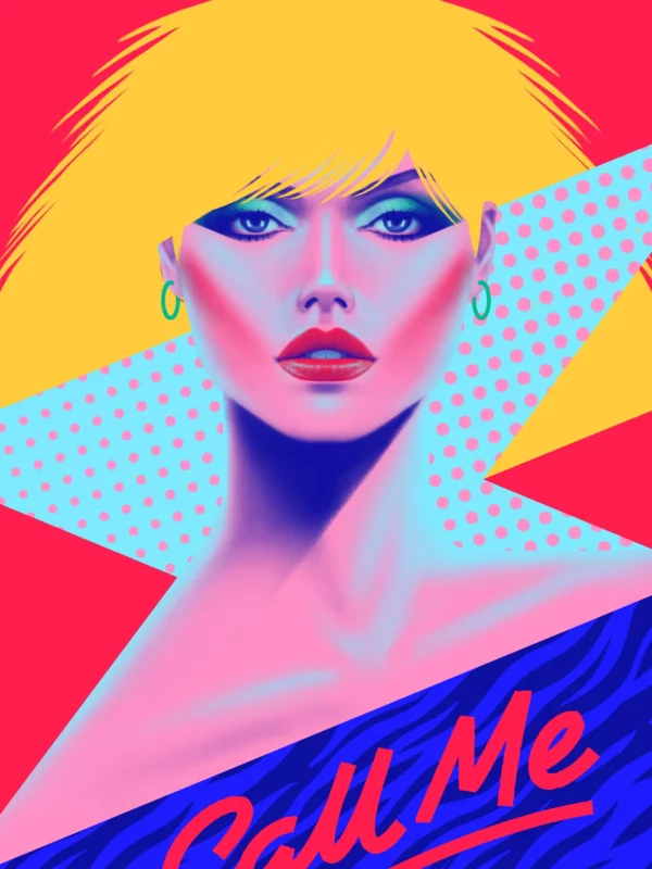 Debbie Harry, limited edition pop art print by Samy Halim – Debbie Harry (Blondie) with platinum hair and red lips above a “Call Me” script
