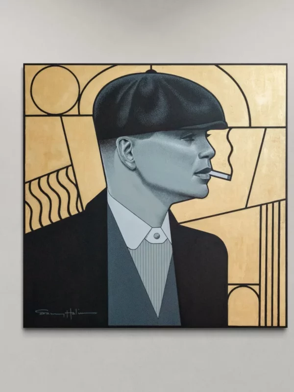 Golden Tommy, original pop art painting by Samy Halim – a man in a flat cap smoking, in black, grey and gold Art Deco style