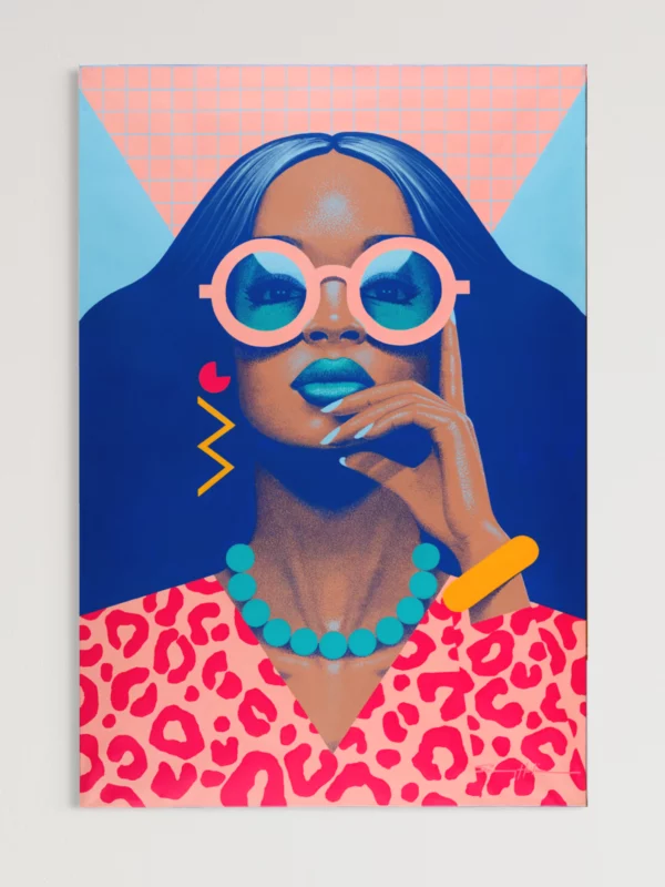 H.E.R., original pop art painting by Samy Halim – singer H.E.R. with long dark hair, white round sunglasses and a turquoise necklace