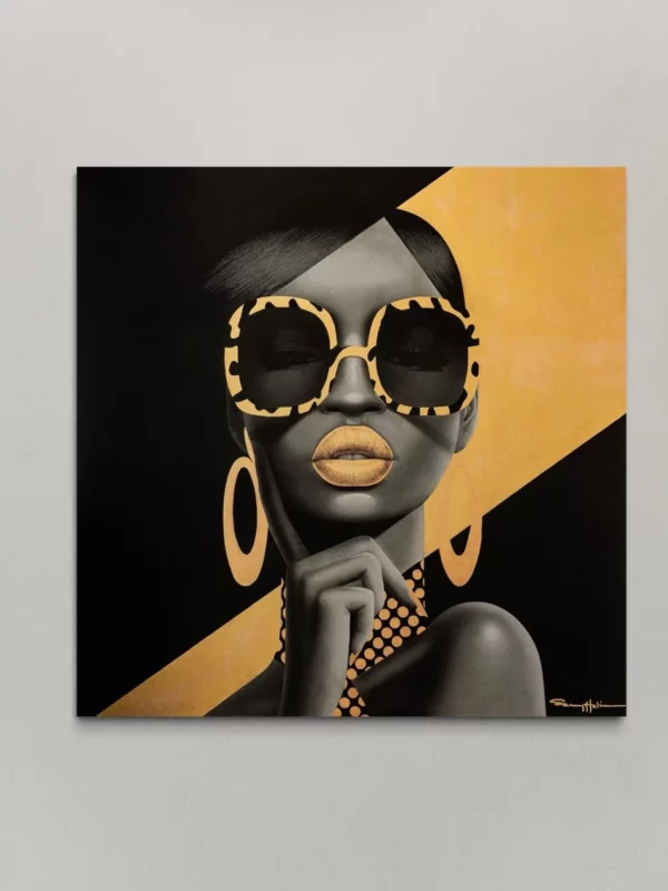 Hiba, original pop art painting by Samy Halim – a woman with leopard-print sunglasses and hoop earrings in black and gold