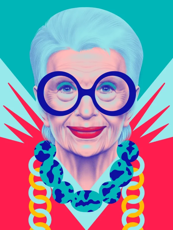 Iris Apfel, limited edition pop art print by Samy Halim – fashion icon Iris Apfel with her round black glasses and chunky necklaces on a teal background
