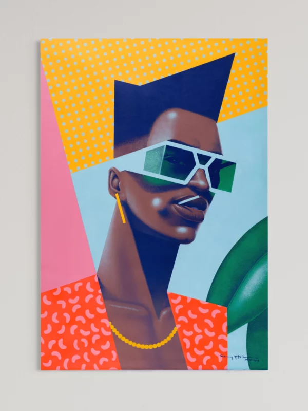 James, original pop art painting by Samy Halim – a man with a flat-top haircut and white sunglasses on a pink and yellow background