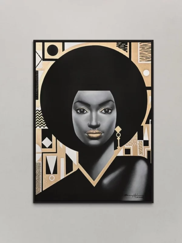 Janice, original pop art painting by Samy Halim – a woman with a voluminous afro in black, grey and gold Art Deco style