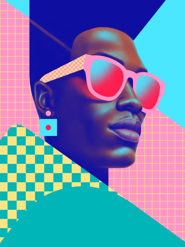 Josh, limited edition pop art print by Samy Halim – a man with a tall dark hairstyle and pink checkered sunglasses on a pink, turquoise and green background