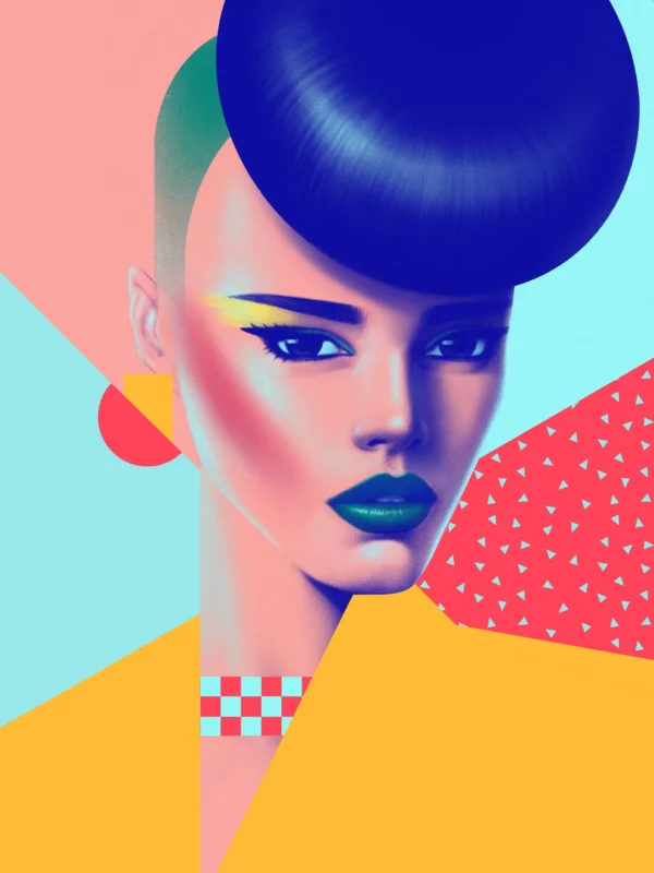 Juliette, limited edition pop art print by Samy Halim – a woman with a tall blue updo and teal lipstick on a pink and yellow geometric background