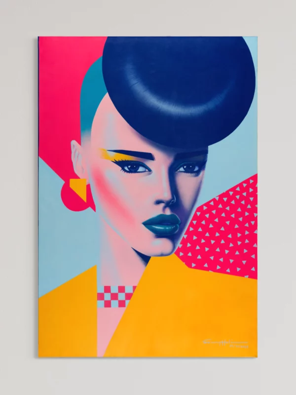 Juliette, original pop art painting by Samy Halim – a woman with a tall blue updo and teal lips on a pink and yellow background