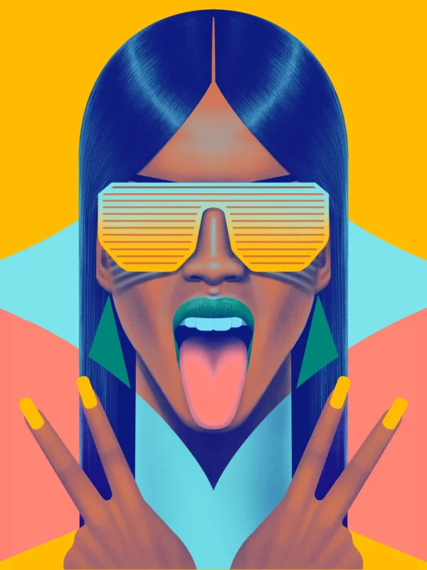 Kenza, limited edition pop art print by Samy Halim – a woman with long dark hair, striped slatted sunglasses, green lipstick and peace signs, tongue out