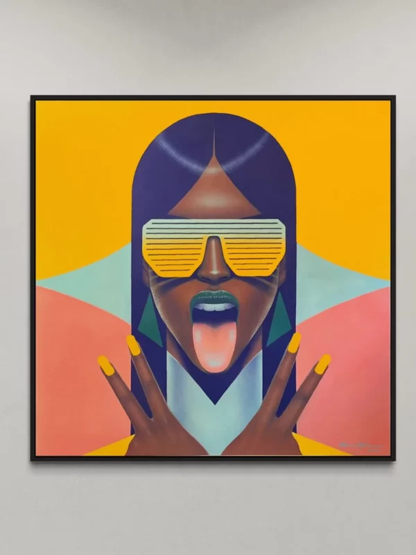 Kenza, original pop art painting by Samy Halim – a woman with striped slatted sunglasses and peace signs, tongue out