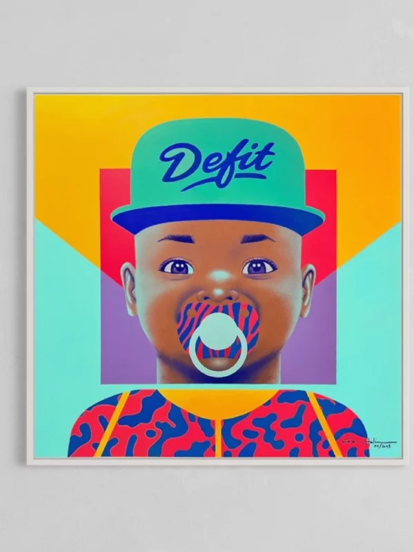 Koffi, original pop art painting by Samy Halim – a child wearing a cap with a pacifier on a turquoise background