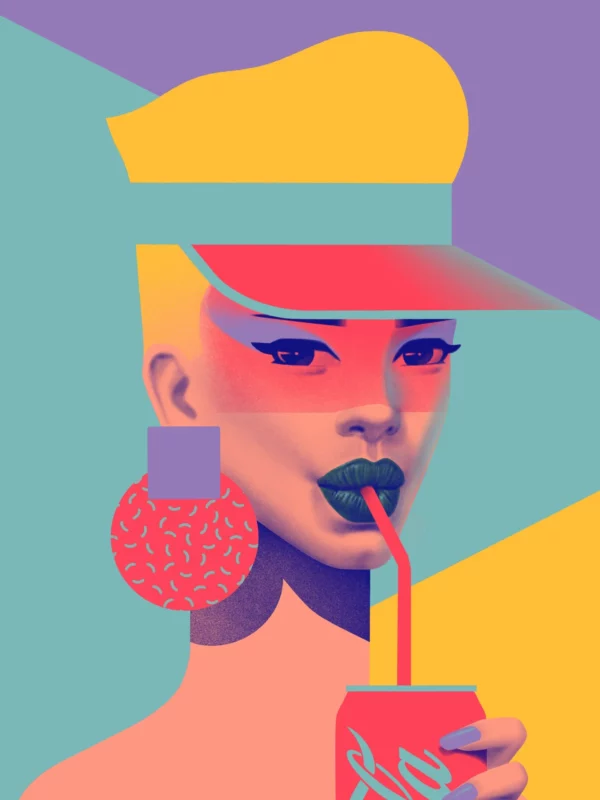 Kylie, limited edition pop art print by Samy Halim – a woman with a pink cap drinking from a soda can through a straw on a pastel geometric background