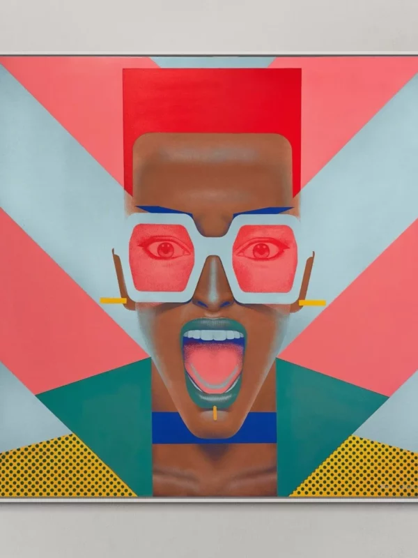 Lamia, original pop art painting by Samy Halim – a woman with a red flat-top hairstyle and white glasses, mouth open