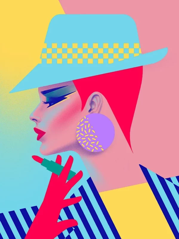 Laura, limited edition pop art print by Samy Halim – a woman in profile wearing a turquoise checkered hat and holding a red cigarette holder