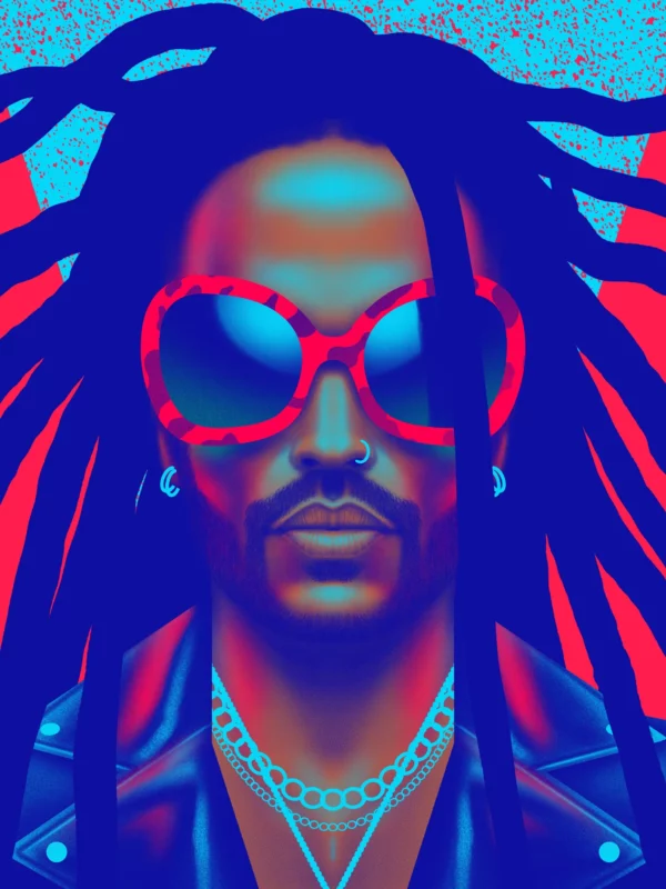 Lenny Kravitz, limited edition pop art print by Samy Halim – Lenny Kravitz with dreadlocks, red sunglasses and a leather jacket on a blue patterned background