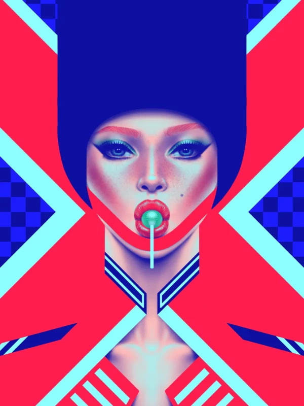 Lily, limited edition pop art print by Samy Halim – a woman with a tall blue hairstyle licking a mint lollipop on a red and blue checkered background