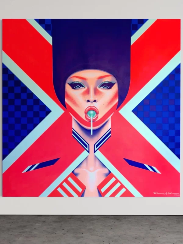 Lily, original pop art painting by Samy Halim – a woman with a tall blue hairstyle and a lollipop on a red and blue checkered background