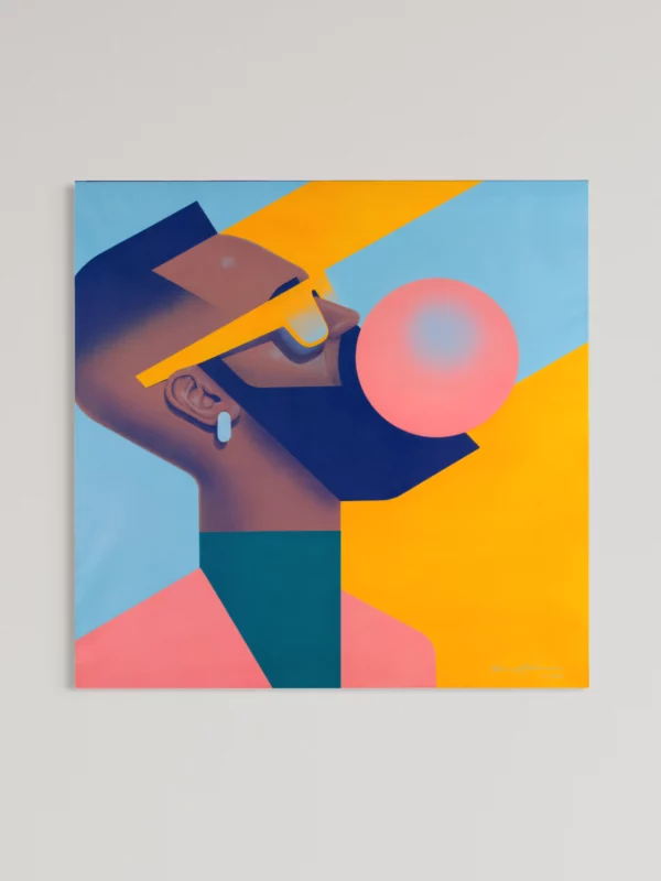 Louis, original pop art painting by Samy Halim – a man in profile blowing pink bubble gum