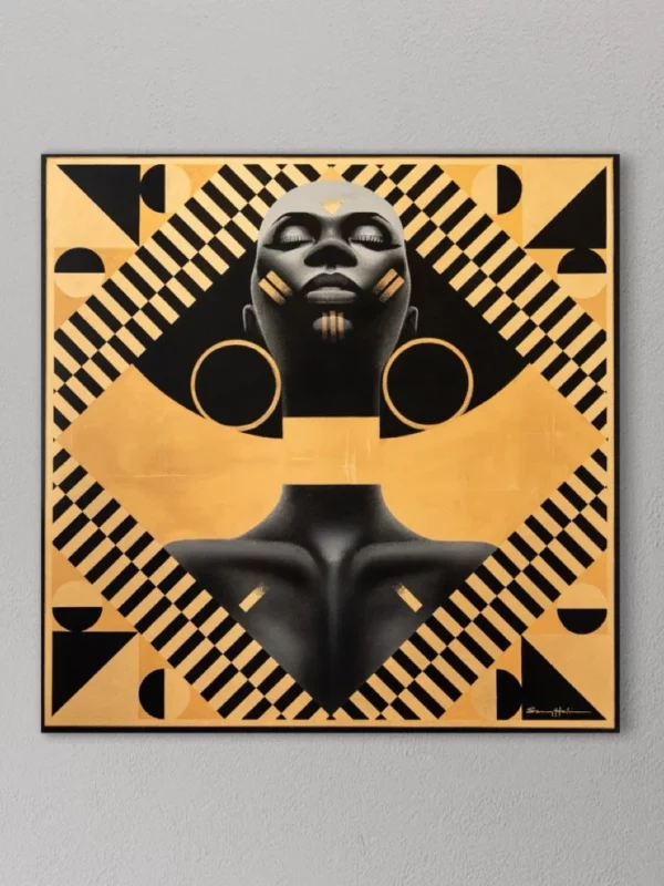 Mara, original pop art painting by Samy Halim – a black and gold mirrored portrait of a woman with round earrings