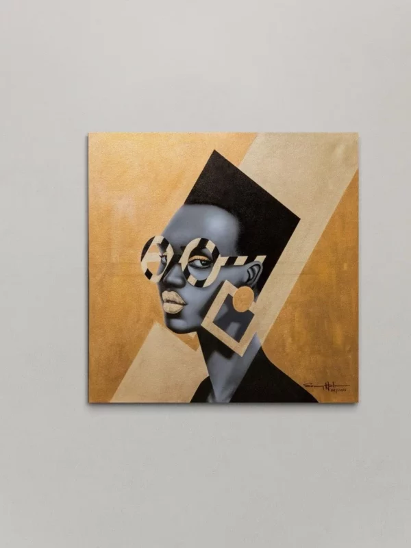 Mina, original pop art painting by Samy Halim – a small black and gold portrait of a woman with sunglasses