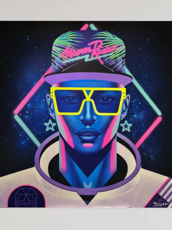 Moon Rider, original pop art painting by Samy Halim – an astronaut with neon sunglasses on a dark starry background