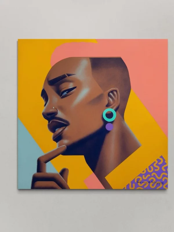 Oscar, original pop art painting by Samy Halim – a man touching his chin with a turquoise earring on an orange and yellow background