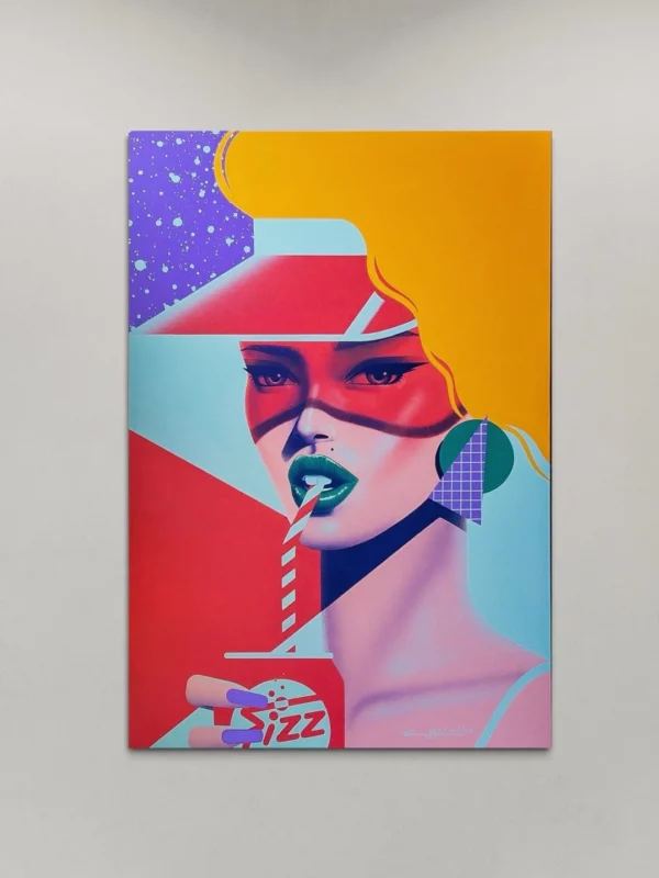 Rachel, original pop art painting by Samy Halim – a woman in a pink visor drinking soda through a straw