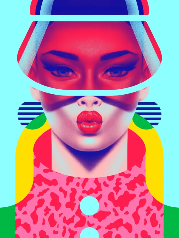 Sabrina, limited edition pop art print by Samy Halim – a woman with a white visor, bold red lips and leopard-print top on a turquoise background