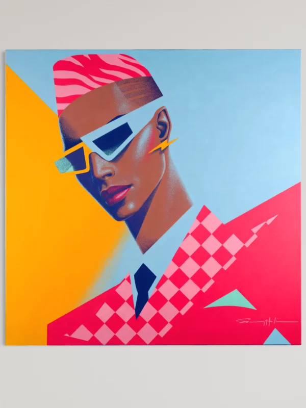 Sam, original pop art painting by Samy Halim – an androgynous figure with white angular sunglasses and a pink checkered jacket