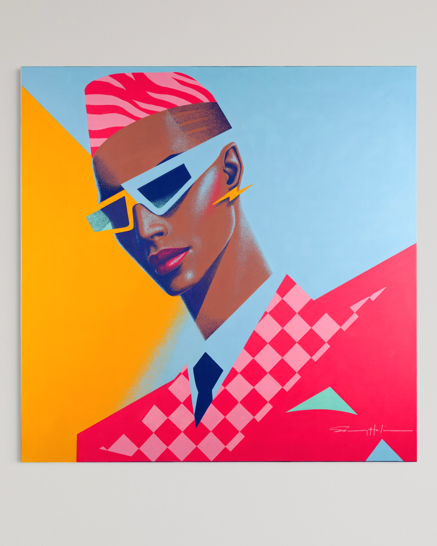 Sam, original pop art painting by Samy Halim – an androgynous figure with white angular sunglasses and a pink checkered jacket