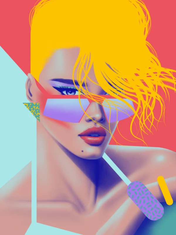 Sandra, limited edition pop art print by Samy Halim – a blonde woman with angular lilac sunglasses holding a popsicle against a coral and turquoise geometric background