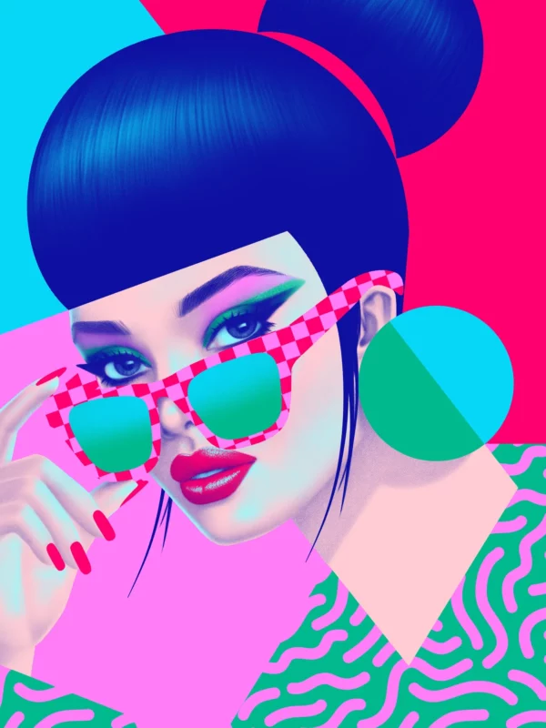 Sarah, limited edition pop art print by Samy Halim – a woman with a blue bob and polka-dot sunglasses on a vivid pink and turquoise background