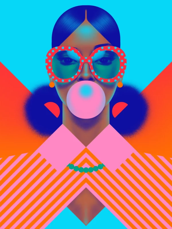 Sheila, limited edition pop art print by Samy Halim – a woman blowing pink bubble gum, wearing heart-shaped sunglasses on a red and pink background
