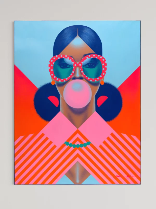 Sheila, original pop art painting by Samy Halim – a woman blowing pink bubble gum with heart-shaped sunglasses