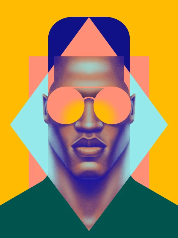 Simon, limited edition pop art print by Samy Halim – a man with orange reflective sunglasses on a yellow and teal geometric background