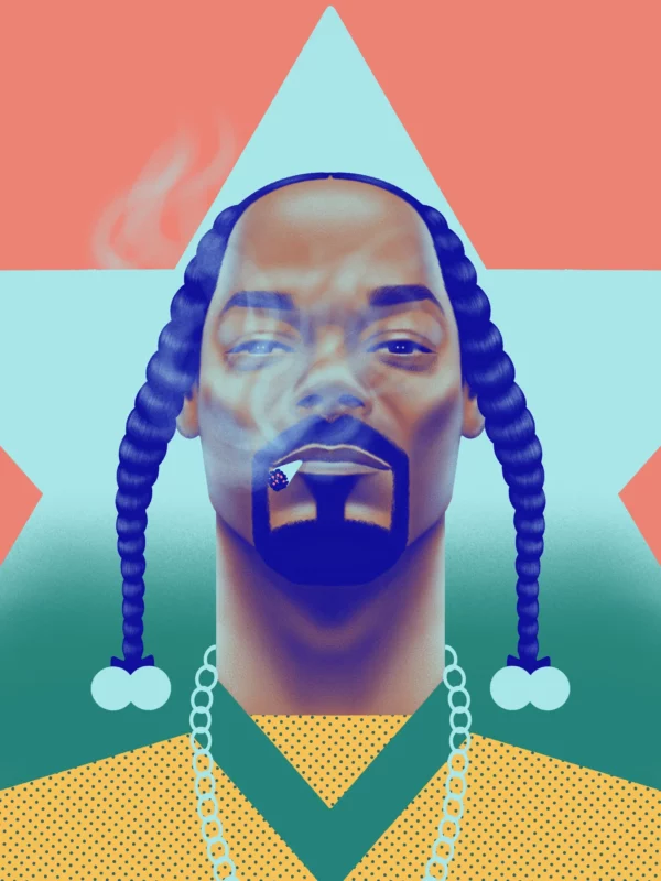 Snoop Dogg, limited edition pop art print by Samy Halim – Snoop Dogg with long braids on a salmon and green geometric background