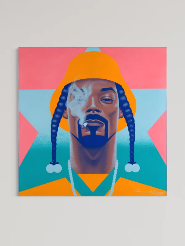 Snoop Dogg, original pop art painting by Samy Halim – Snoop Dogg in an orange beanie with braids