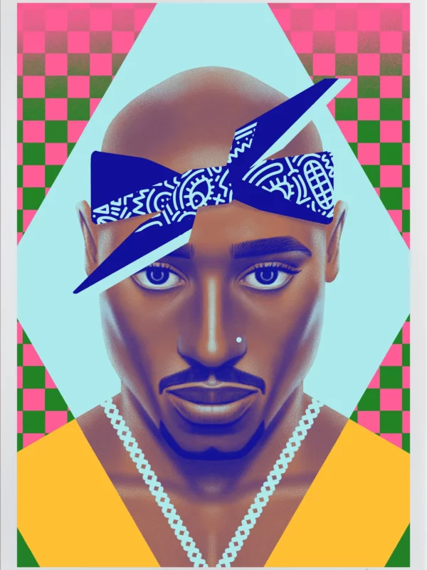 Tupac Shakur, limited edition pop art print by Samy Halim – Tupac Shakur wearing his signature bandana and a chain on a yellow checkered background