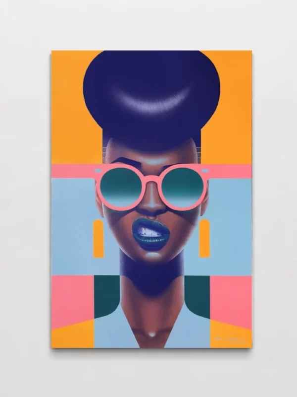 Victoria 1, original pop art painting by Samy Halim – Victoria with a dark-blue updo and pink sunglasses on a yellow and teal background