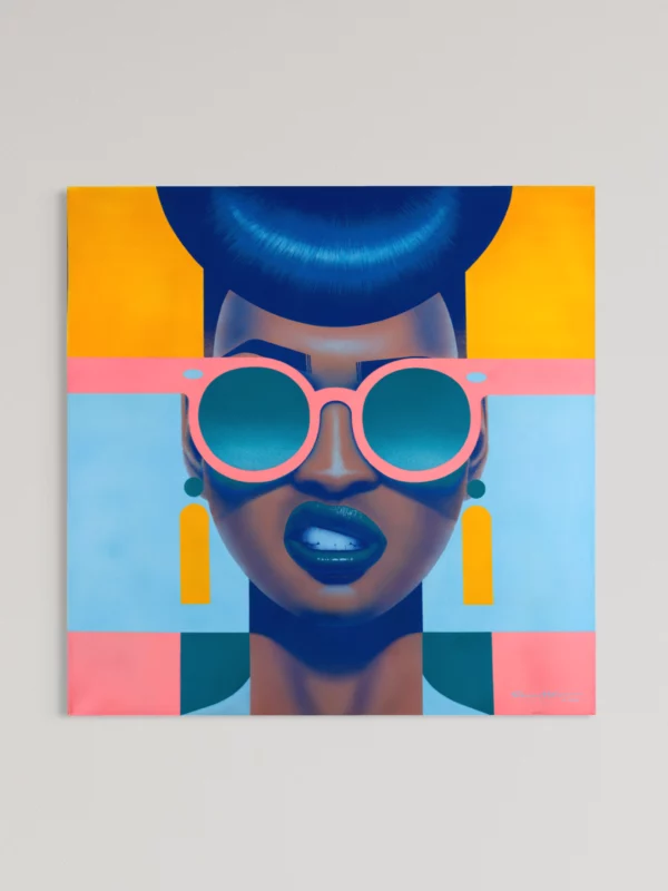 Victoria 2, original pop art painting by Samy Halim – Victoria with a dark-blue updo and round sunglasses on a yellow and blue background