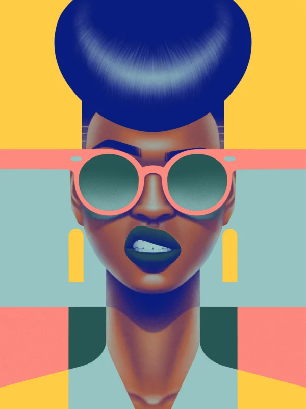 Victoria, limited edition pop art print by Samy Halim – a Black woman with a sculpted dark-blue updo, pink round sunglasses and yellow earrings on a geometric teal, pink and yellow background