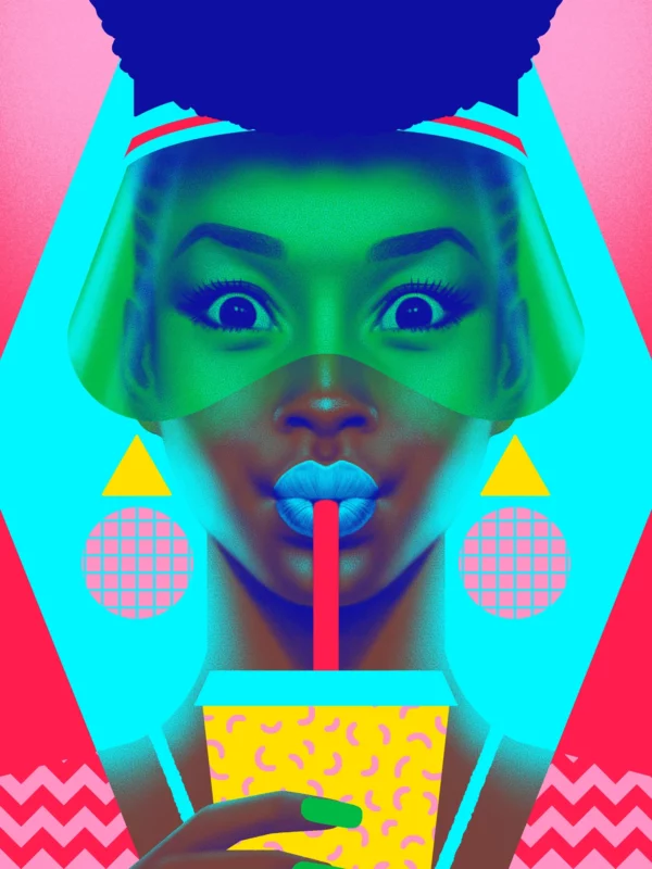 Violette, limited edition pop art print by Samy Halim – a woman with a green face shadow sipping a drink through a straw on a turquoise and pink background